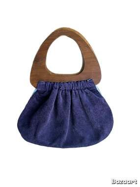 Vintage Wood Handle Handbag Navy Velvet Boho 60s/70s Style Sculptural Purse